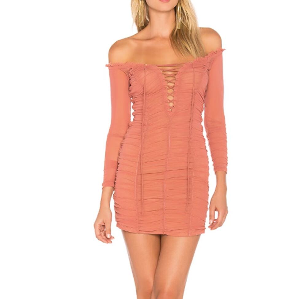 MAJORELLE Pink Darling Ruched Lace Up Bodycon Dress (Large)